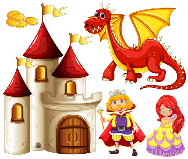 Set of fairytales with dragon and castle