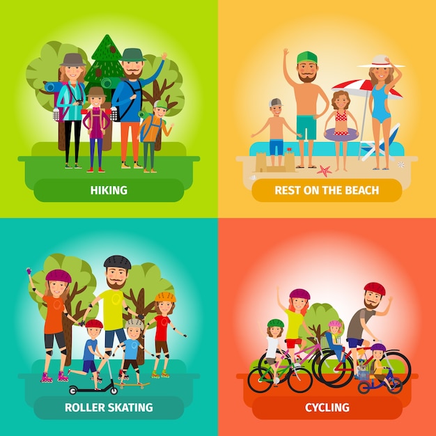 Free Vector set of family or healthy lifestyle illustrations in flat style. roller and beach, skating and cycling, hiking and sport.