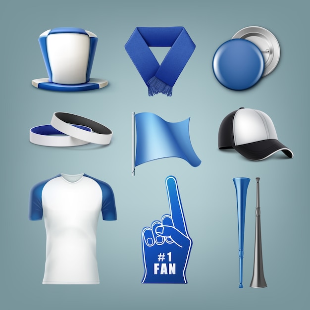 set of fans accessories in white and blue colors