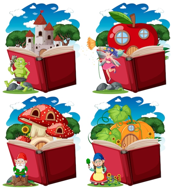 Free Vector set of fantasy character with pop up book cartoon style on white 