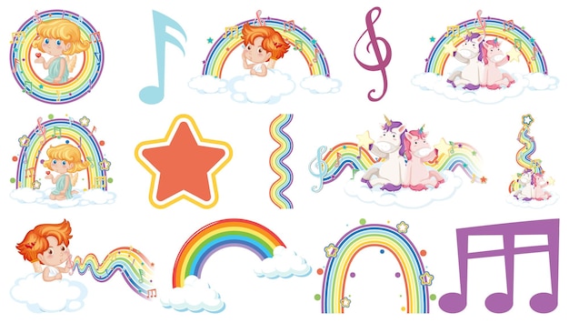 Free Vector set of fantasy fairies and cupids with rainbow elements