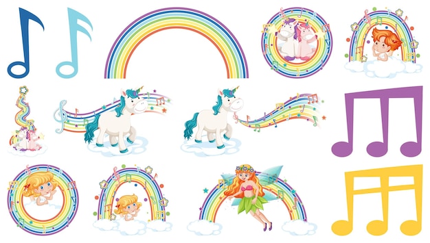 Free Vector set of fantasy fairies and cupids with rainbow elements