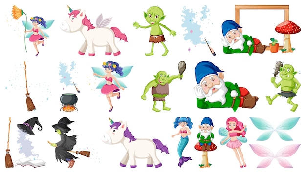 Free vector set of fantasy fairy tale characters and elements