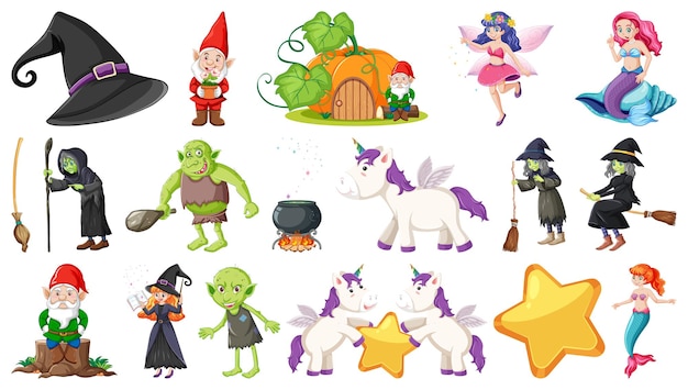 Set of fantasy fairy tale characters and elements