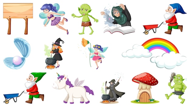 Set of fantasy fairy tale characters and elements