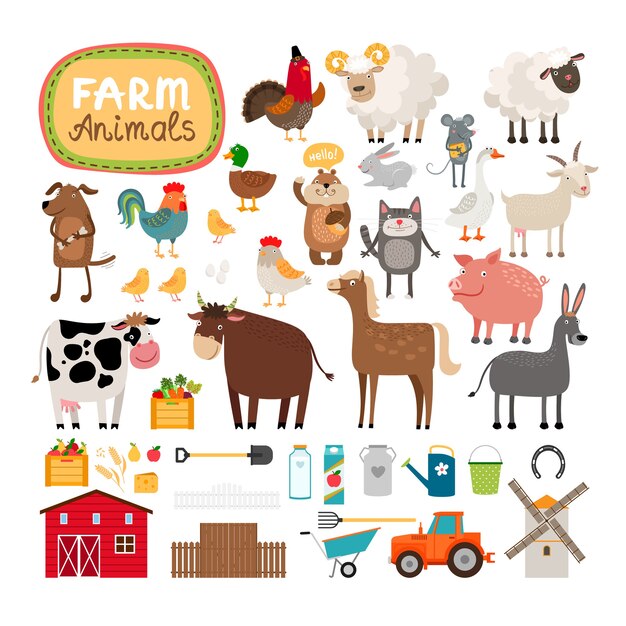 Set of farm animals and agricultural accessories.