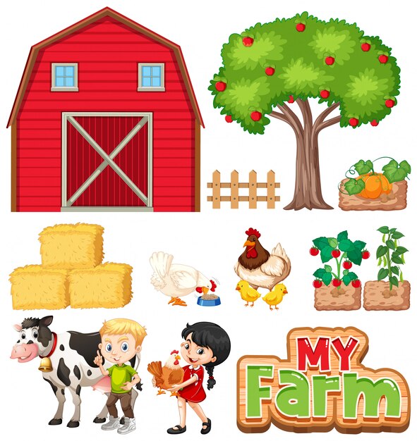 Set of farm animals and barn on white background