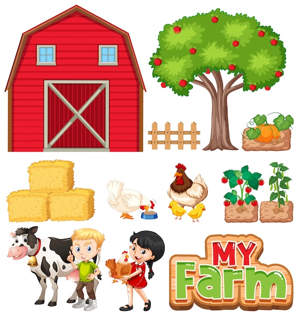 Set of farm animals and barn on white background