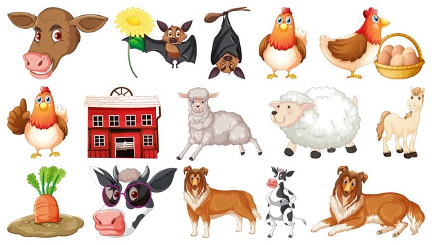 Set of farm animals on white background