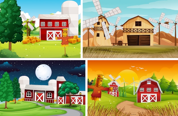 Free Vector set of farm scene cartoon style