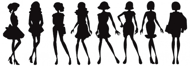 Set of fashionable lady silhouette character