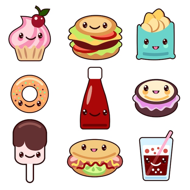 set of fast food and fruit Kawaii characters