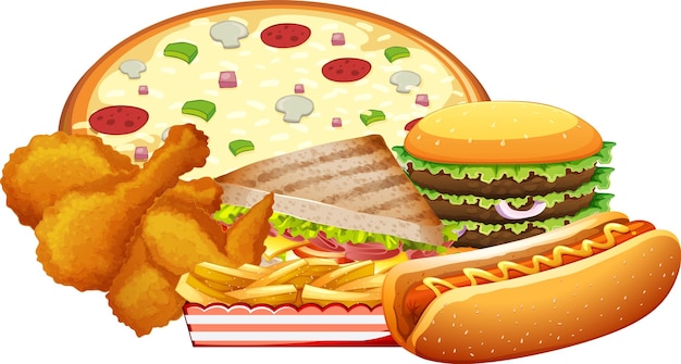 Set of fast foods on white background