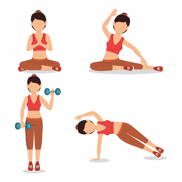 Free Vector set of female athlete character practicing exercise illustration