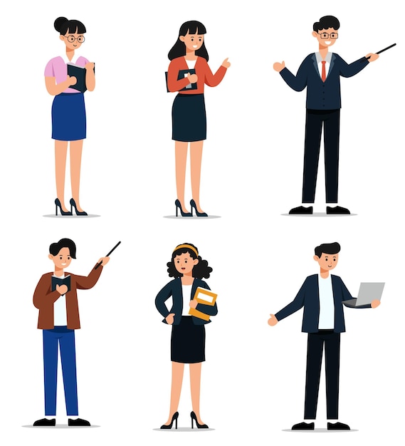 Free Vector set of female and male school teacher in various elements, postures, gestures, clothes isolated on white background. cartoon flat illustration with isolated items school stuff.