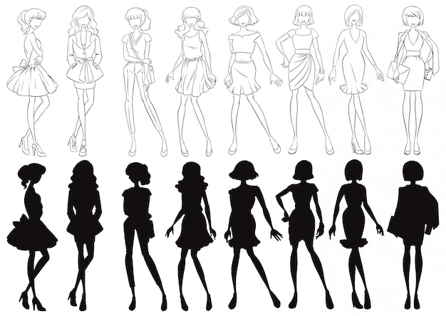 Free Vector set of female sketch and silhouette