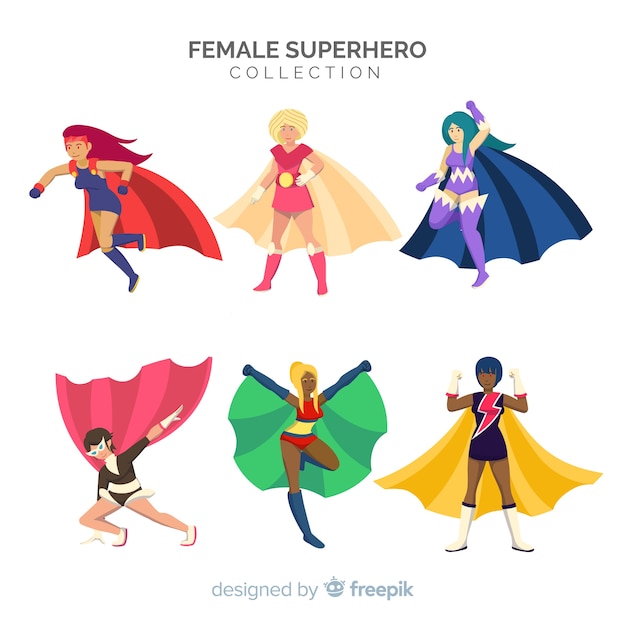 Free Vector set of female superhero characters in cartoon style