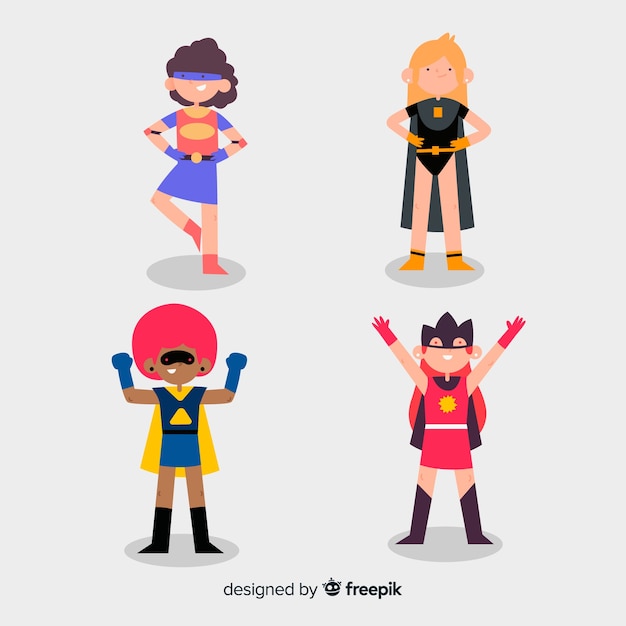 Free vector set of female superhero characters in cartoon style