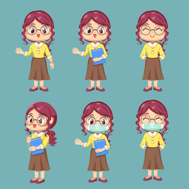 Set of female teacher in cartoon character and difference action, isolated flat illustration