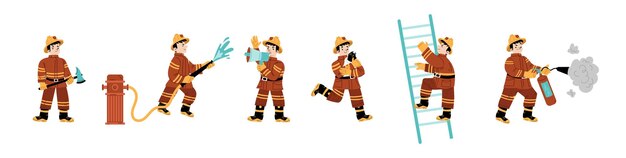 Set of fire fighters kids fighting with blaze