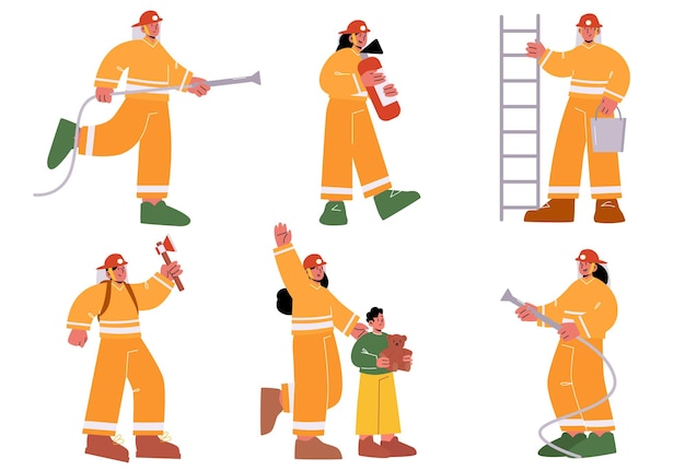 Free Vector set of fire fighters male and female characters in uniform holding ladder water hose buckets and axe group of firemen team working fighting with blaze save kid linear people vector illustration