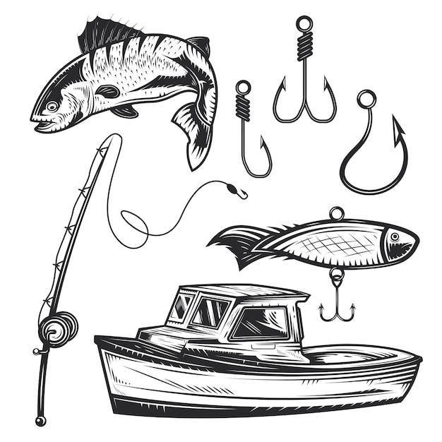 Set of fishing elements for creating your own badges, logos, labels, posters etc.