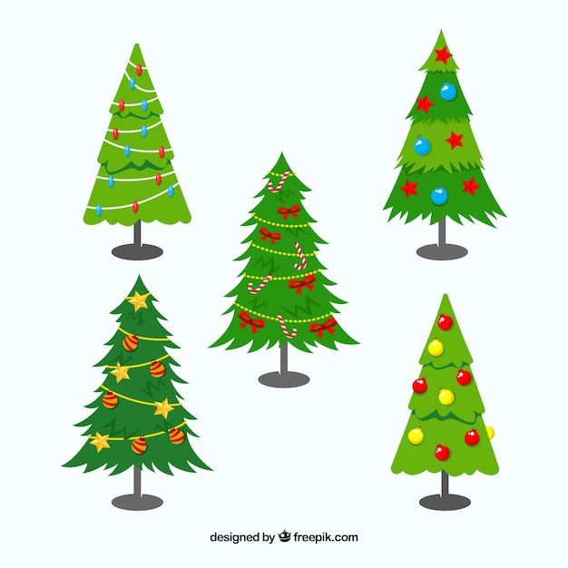 Set of five hand drawn christmas trees