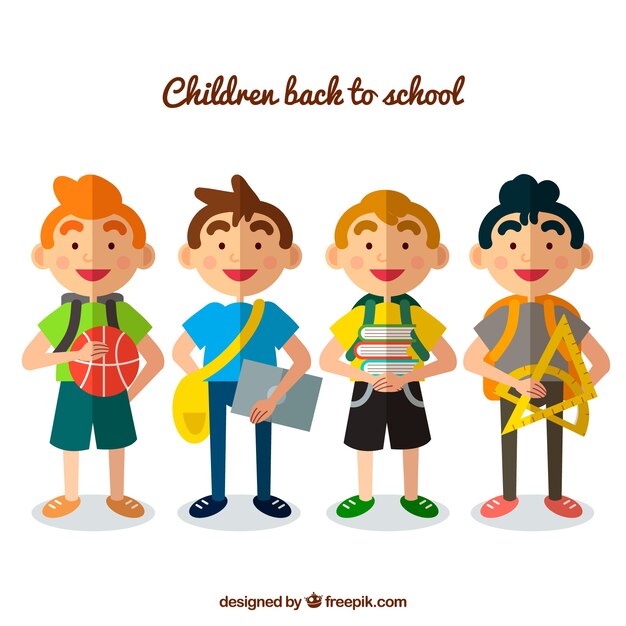 Free Vector set of flat boys going to school