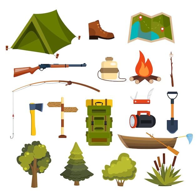 Set of flat camping elements for creating your own badges, logos, labels, posters etc.