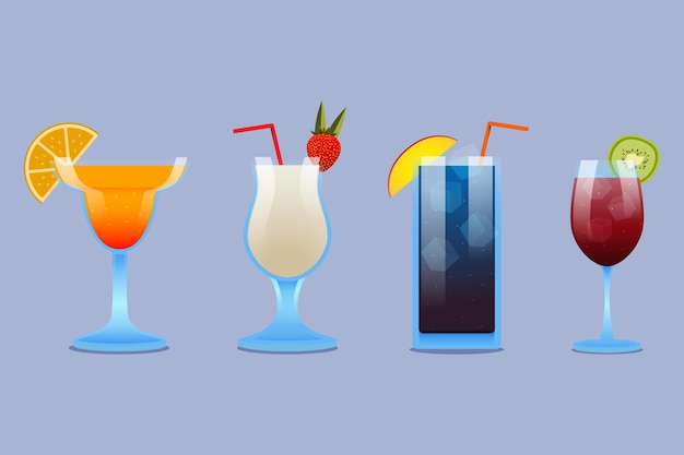 Set of flat design cocktails in various glasses