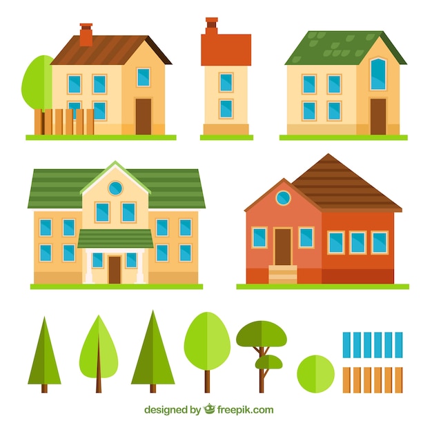 Free Vector set of flat houses and trees