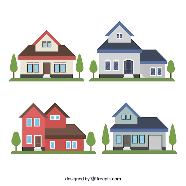 Set of flat houses with decorative trees