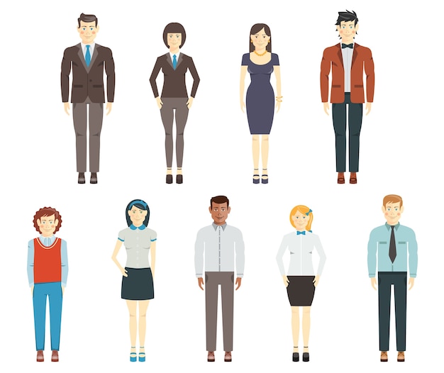 Free vector set of flat human characters  young men and women  members of a group or team of corporate employees  wearing office or formal clothes  in full length  on white