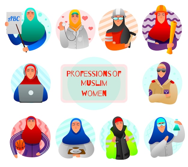 Free Vector set of flat icons professions of muslim women teacher doctor military builder and scientist isolated illustration