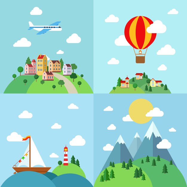 Set of flat outdoor vacation landscapes template