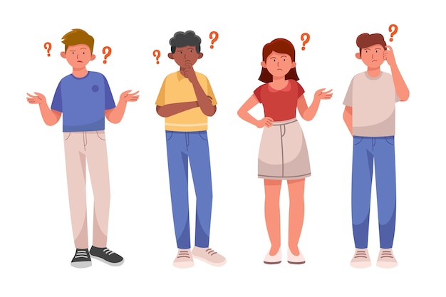 Set of flat people asking questions