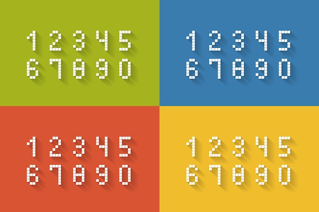 Free Vector set of flat pixel numbers on four different color complete zero through nine  vector illustration