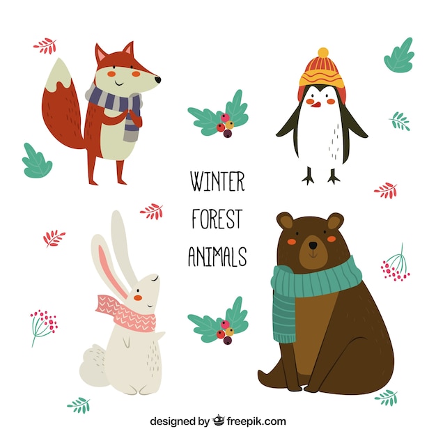 Set of flat winter animals