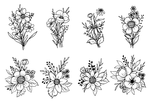 Set of floral arrangement and bouquet doodle line art