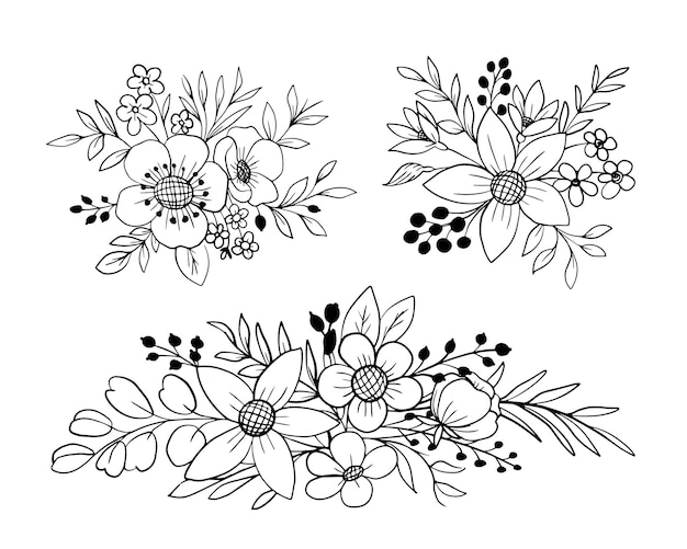 Free Vector set of floral arrangement flower and leaves line art collection