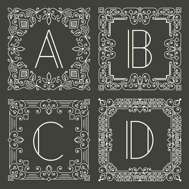 Free Vector set of floral and geometric monogram logos with capital letter on dark gray background. 