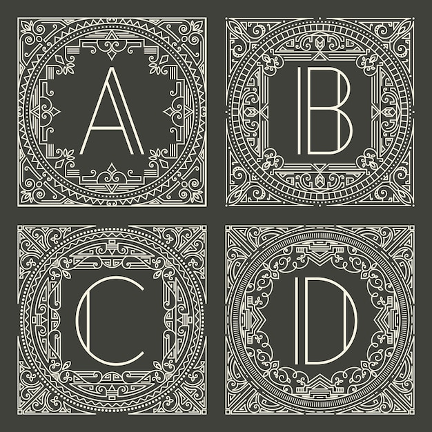 Free Vector set of floral and geometric monogram logos with capital letter on dark gray background. 