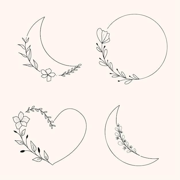 Free Vector set of floral wreath line art drawing