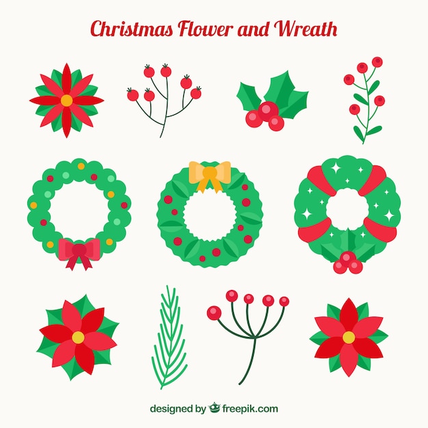 Set of floral wreaths and natural christmas elements