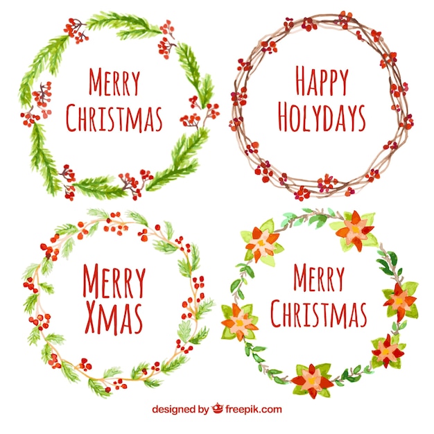 Free Vector set of floral wreaths with christmas mistletoe