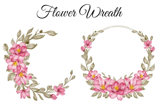 Set of flower wreath pink watercolor illustration