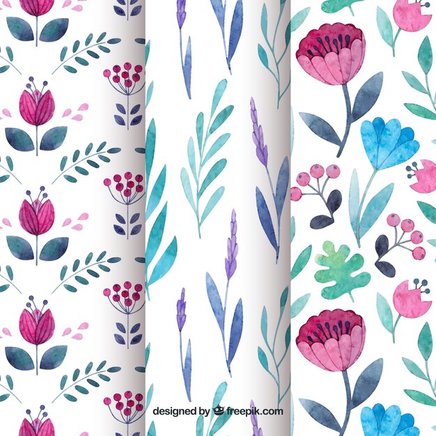 Set of flowers patterns in watercolor style