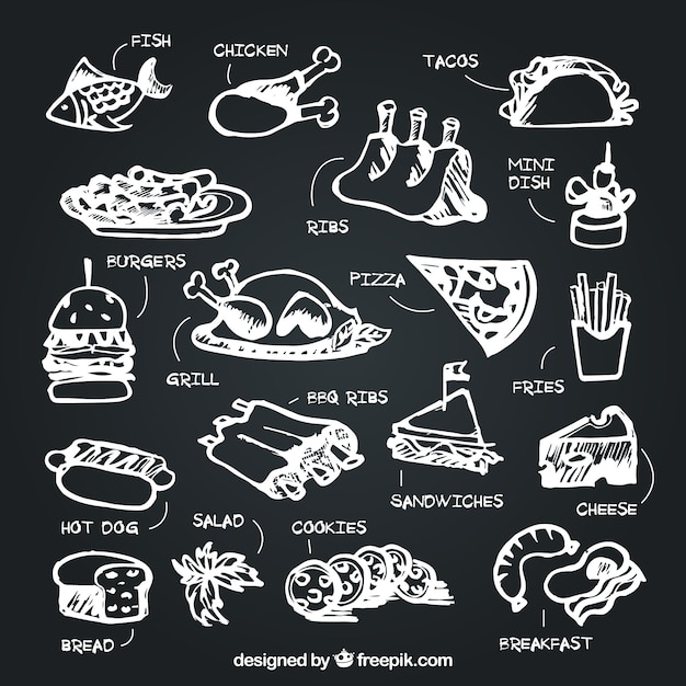 Set of food with description in chalk style