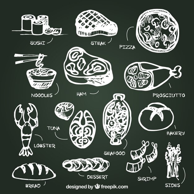 Set of food with description in chalkboard style