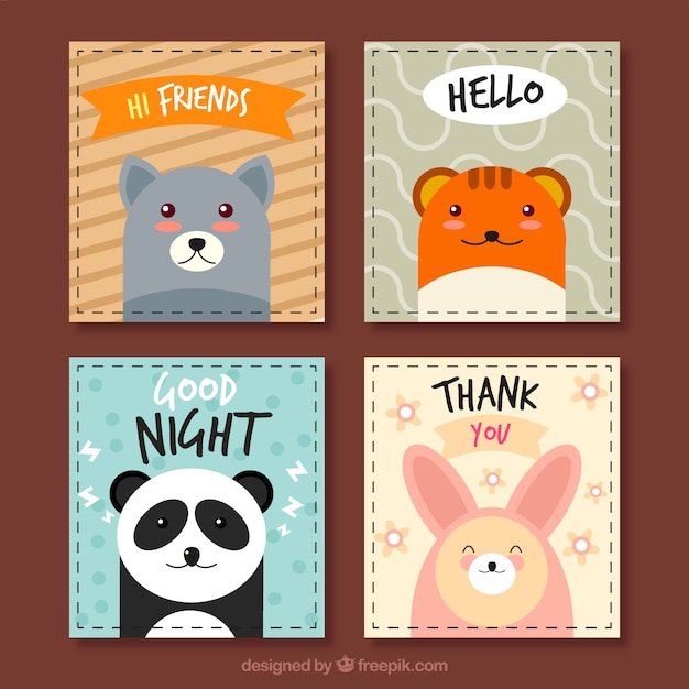 Set of four animal cards in flat design